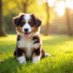 Chiot australien shepherd sur la pelouse ensoleillée