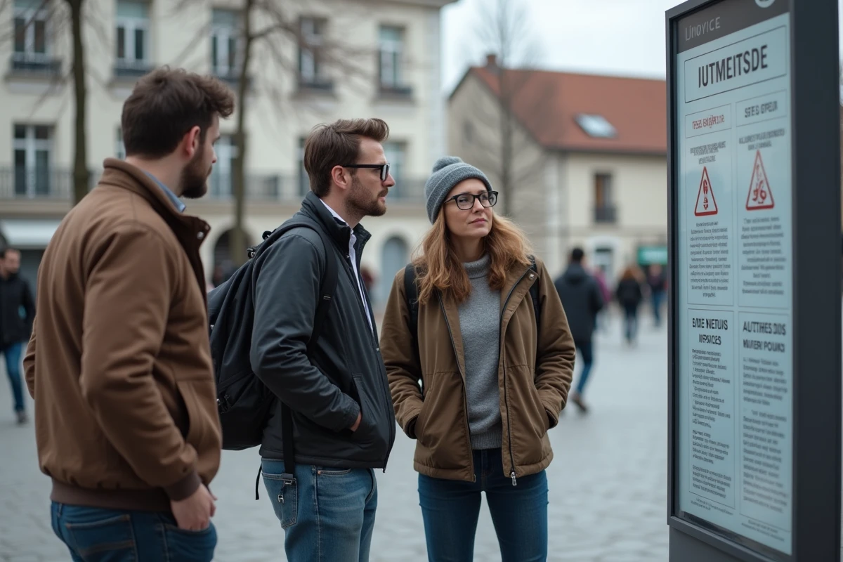 Groupe de citoyens lisant des statistiques officielles sur l'insécurité affichées dans un quartier urbain