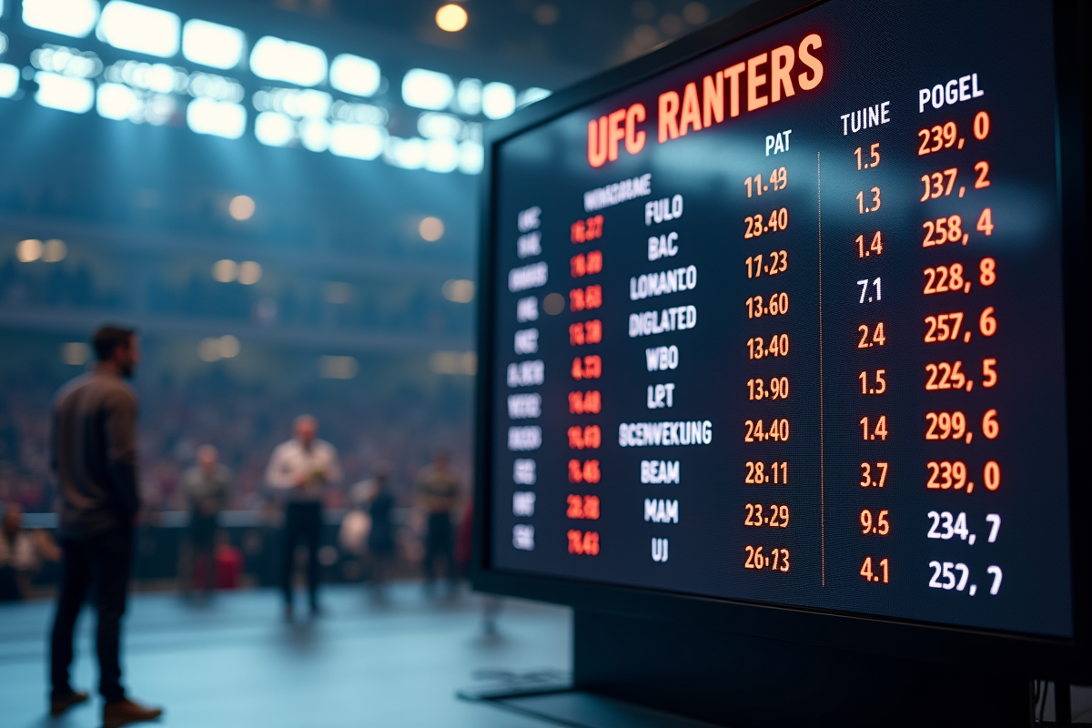 Tableau de classement UFC affiché dans une arène sportive moderne