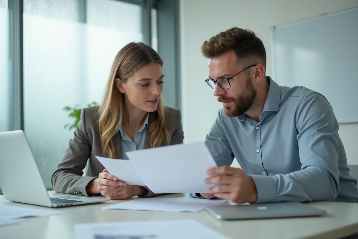 Deux jeunes professionnels collaborant autour de documents de candidature dans une salle de réunion moderne, évoquant la mise en valeur des expériences de stage sur un CV