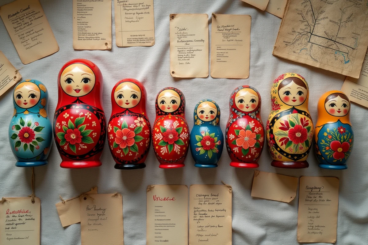Vue de dessus de huit poupées matryoshka de régions différentes disposées sur du lin avec des étiquettes identifiant chaque style régional russe