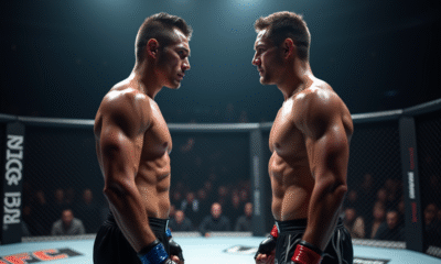 Deux combattants de MMA face à face dans l'octogone avec expressions intenses