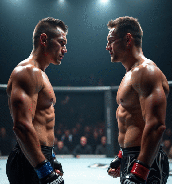 Deux combattants de MMA face à face dans l'octogone avec expressions intenses
