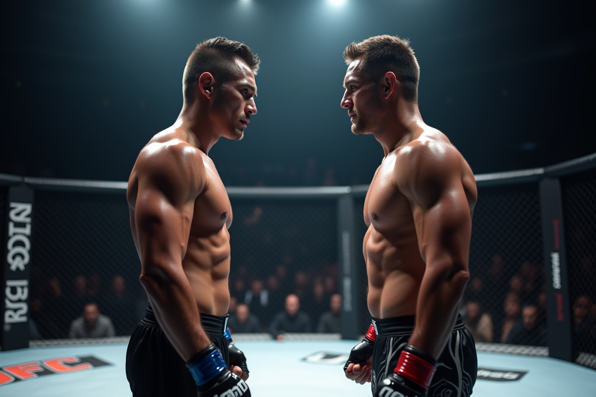 Deux combattants de MMA face à face dans l'octogone avec expressions intenses
