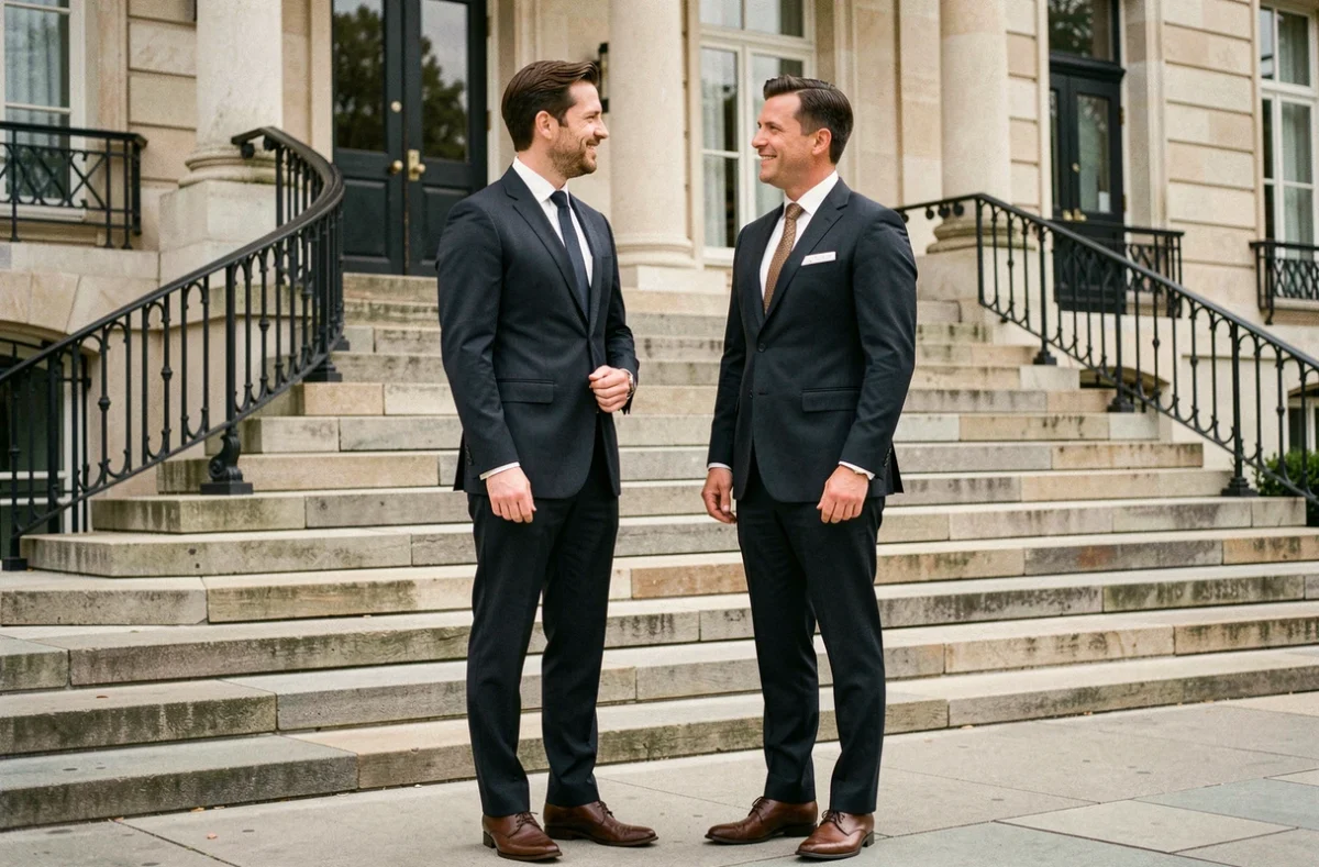 Deux hommes en costume lors d'une rencontre diplomatique devant un bâtiment officiel européen, comparaison de taille et posture dans un contexte politique