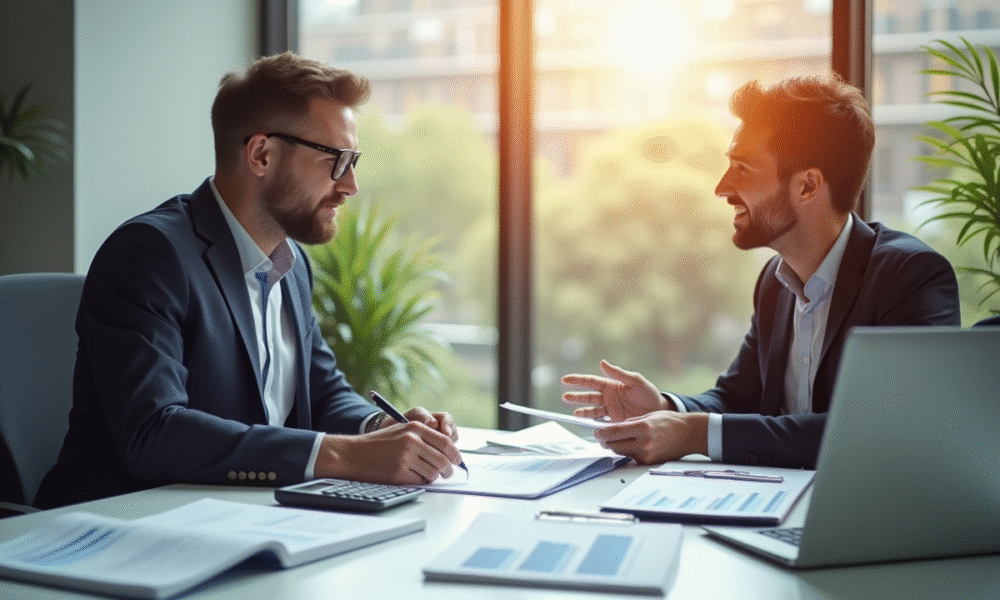 Conseiller financier et client discutant d'investissements dans un bureau lumineux