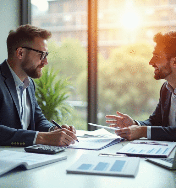 Conseiller financier et client discutant d'investissements dans un bureau lumineux