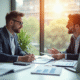 Conseiller financier et client discutant d'investissements dans un bureau lumineux