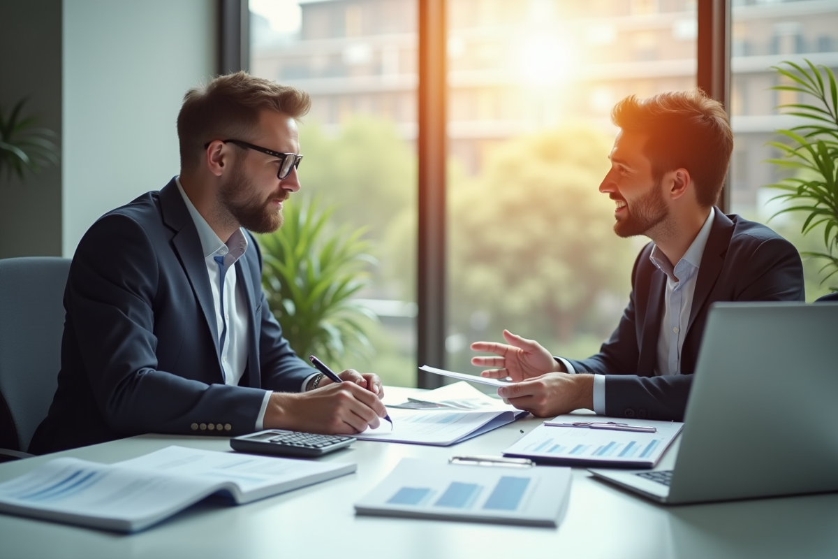 Conseiller financier et client discutant d'investissements dans un bureau lumineux
