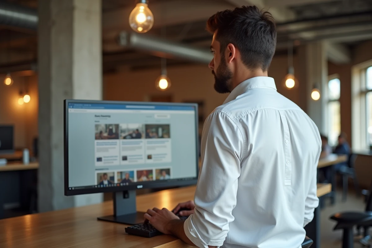 Homme consultant un site d'actualités en ligne de type Wikio dans un espace de coworking
