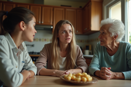 Trois générations de femmes en discussion dans la cuisine