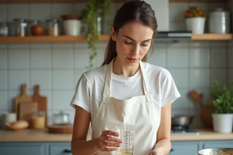 Femme mesurant 80 ml de liquide dans un verre gradué dans une cuisine moderne, illustrant la conversion des mesures culinaires