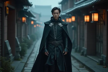 Cosplayer en costume sombre inspiré d'un personnage de manga fantasy japonais dans une ruelle brumeuse