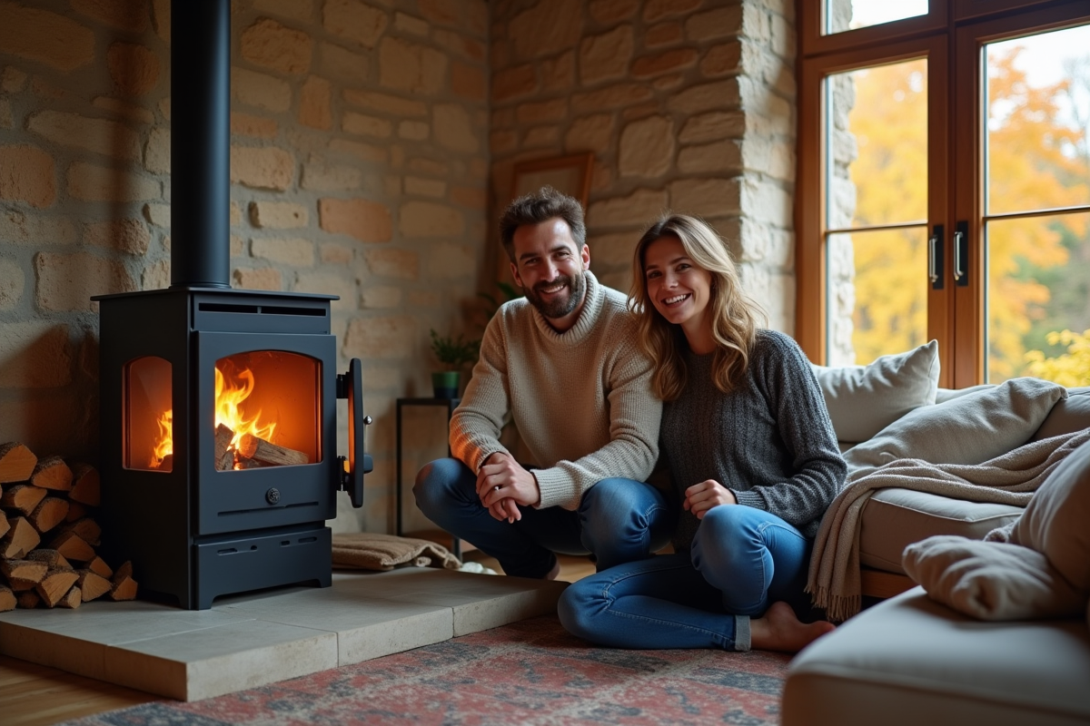 Couple souriant près de la cheminée en Béziers