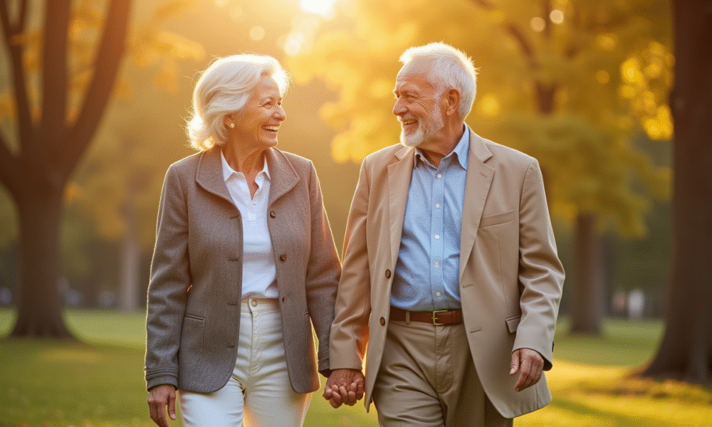 Couple âgé se tenant la main dans un parc ensoleille