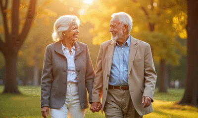 Couple âgé se tenant la main dans un parc ensoleille