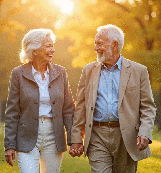 Couple âgé se tenant la main dans un parc ensoleille
