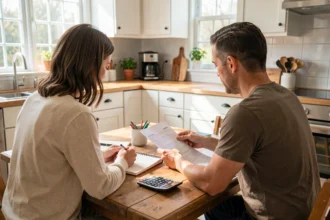 Couple examinant des documents d'épargne à une table de cuisine