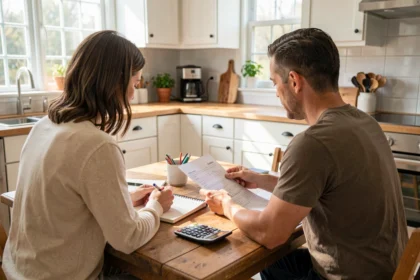 Couple examinant des documents d'épargne à une table de cuisine