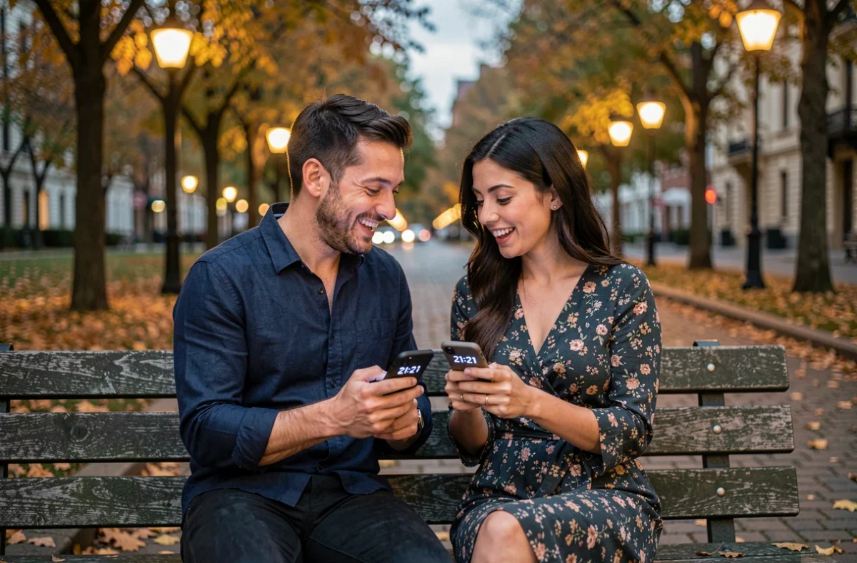 Couple découvrant simultanément l'heure miroir 21h21 sur leurs téléphones dans un parc au crépuscule, évoquant une connexion karmique en amour