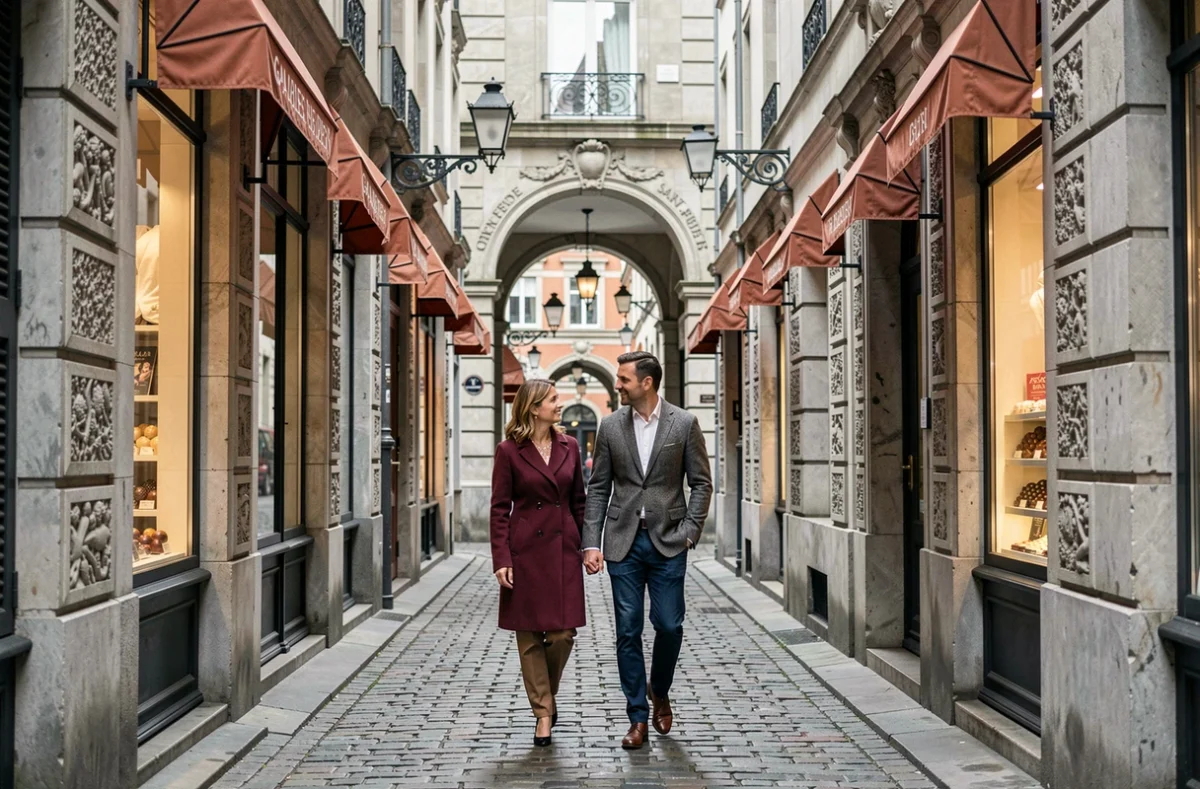 Couple se promenant dans une ruelle historique pavée près du Manneken Pis avec boutiques belges en arrière-plan
