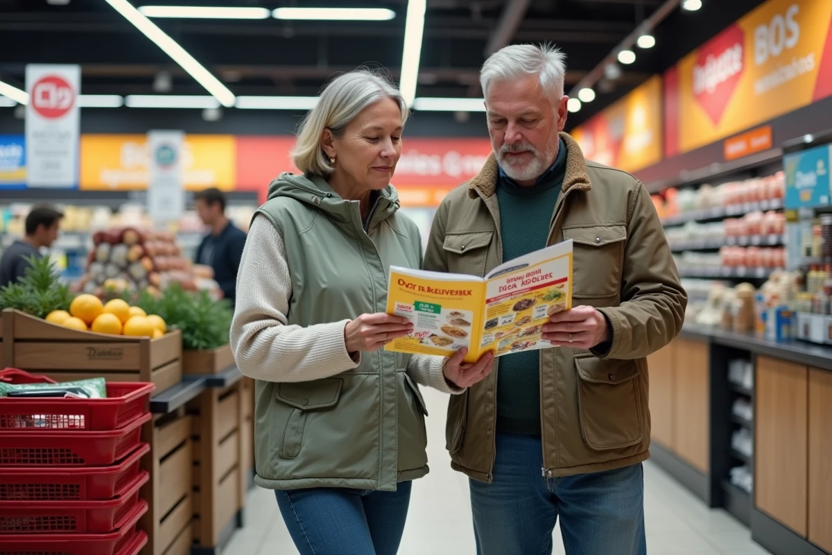 Couple consultant un prospectus de promotions à l'entrée d'un magasin E Leclerc