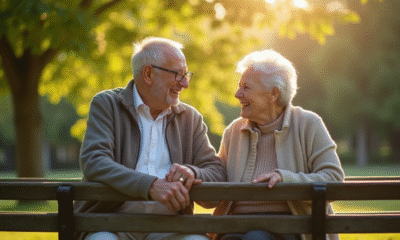 Couple senior assis sur un banc dans un parc ensoleille