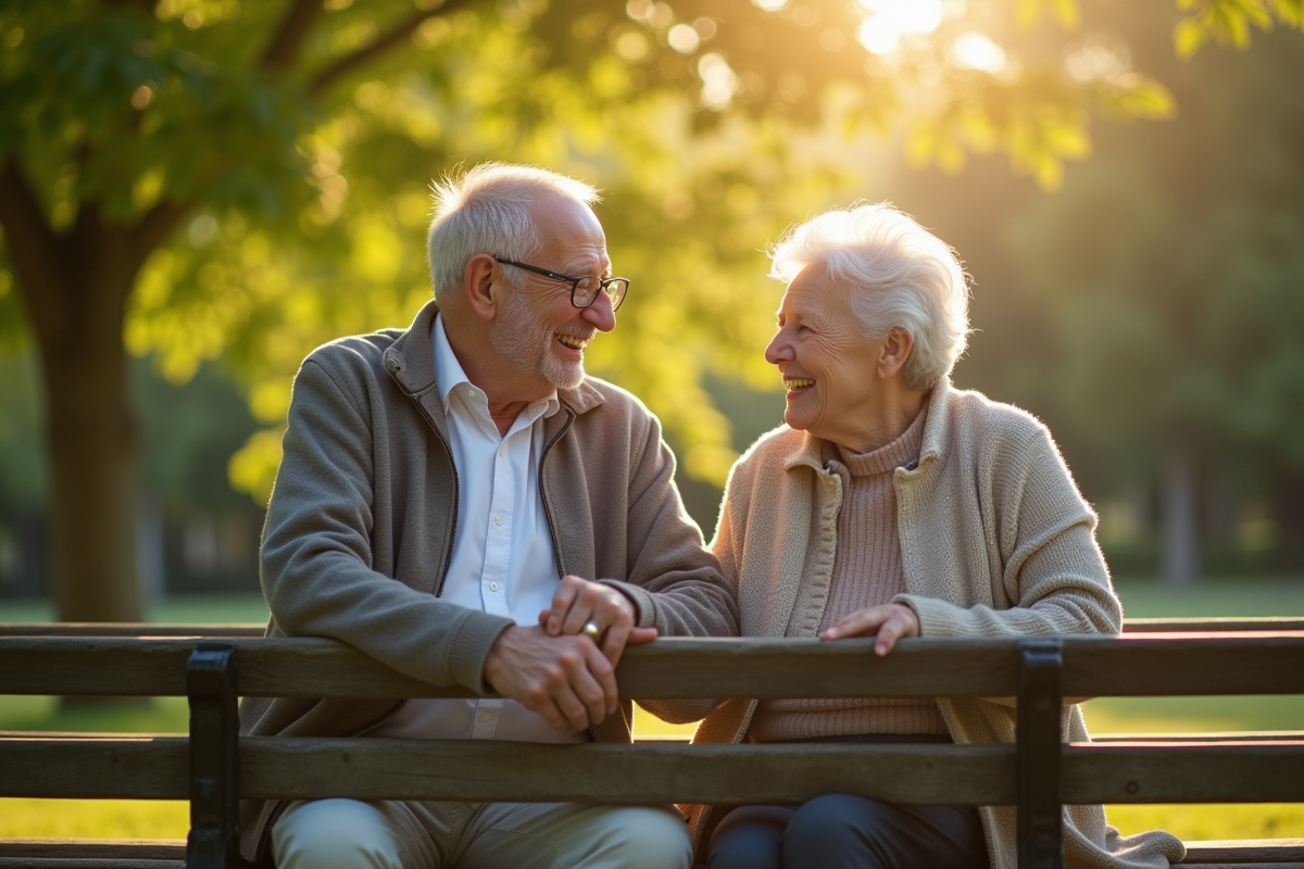 Couple senior assis sur un banc dans un parc ensoleille