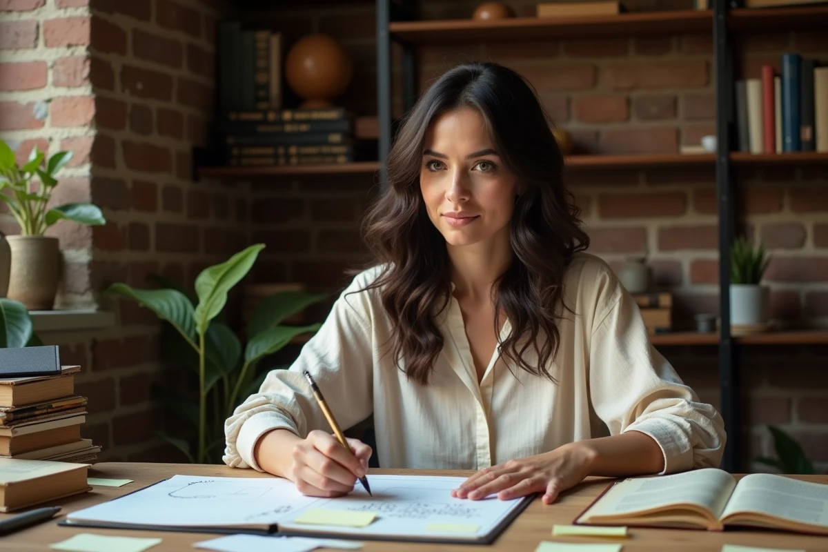 Femme créative travaillant sur la conception d'une couverture de livre à son bureau en bois, entourée de livres et de notes manuscrites