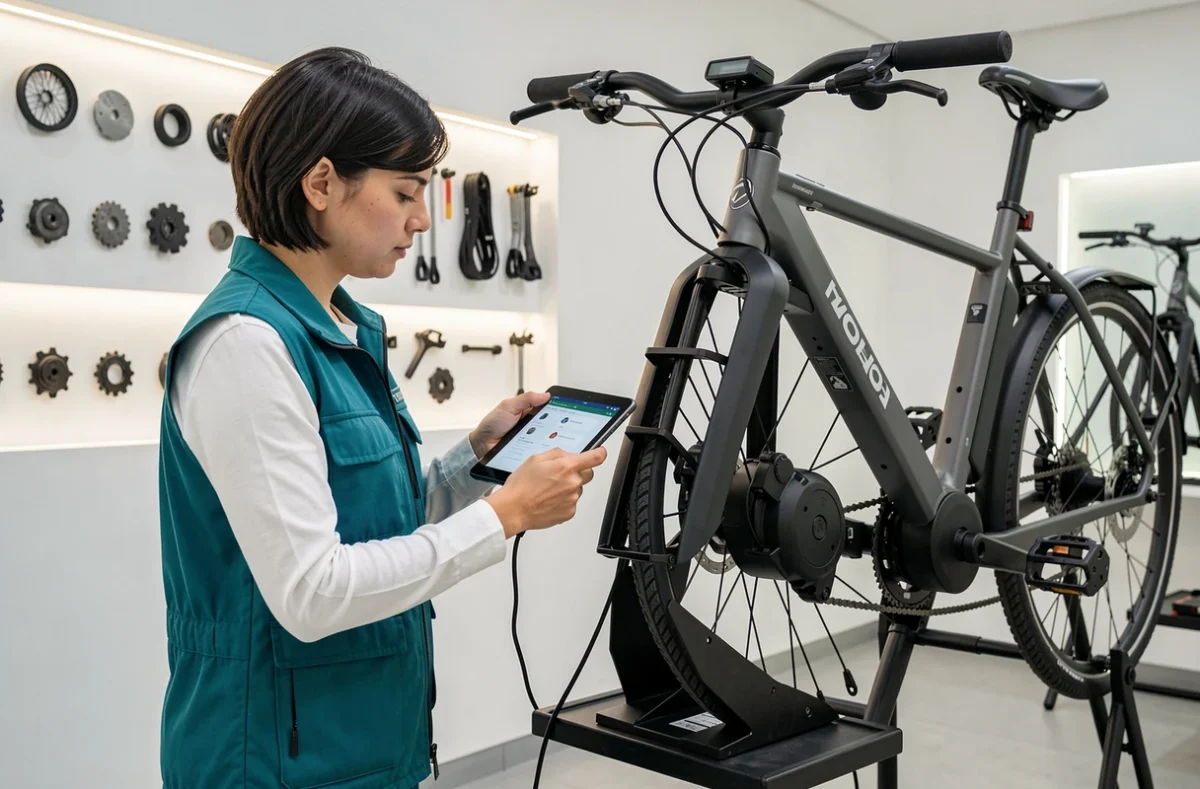 Technicienne de Cyclable Dijon branchant une tablette de diagnostic sur le moteur d'un vélo électrique urbain dans un atelier moderne