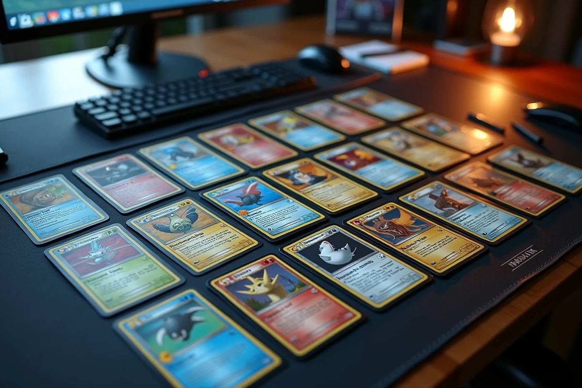 Vue aérienne d'un deck Pokémon Rivalités Destinées organisé sur un tapis de jeu pour un tournoi
