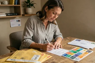 Femme remplissant un formulaire de déclaration douanière pour un envoi courrier suivi La Poste à l'étranger