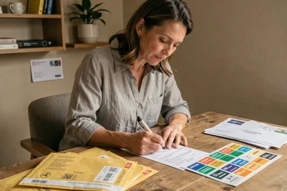 Femme remplissant un formulaire de déclaration douanière pour un envoi courrier suivi La Poste à l'étranger