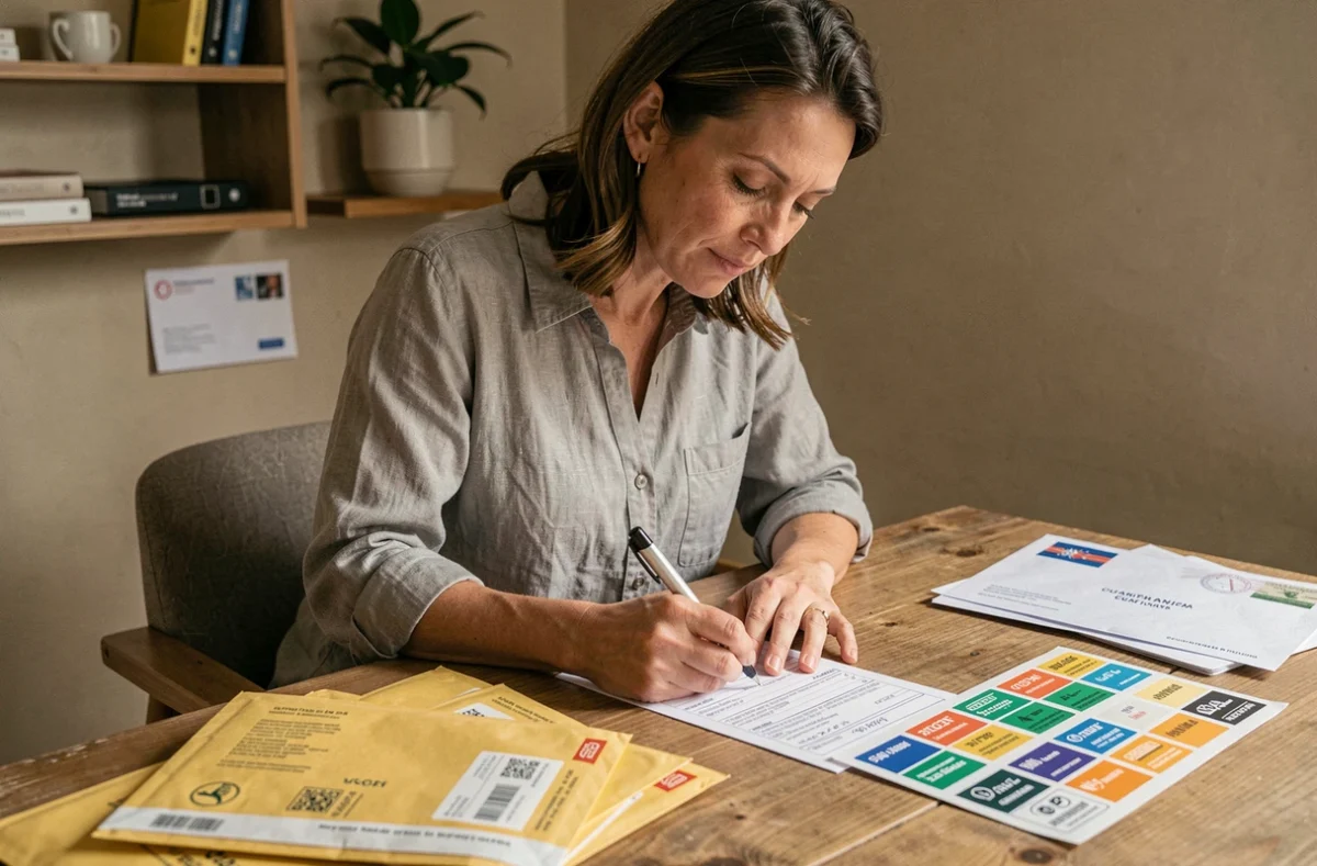 Femme remplissant un formulaire de déclaration douanière pour un envoi courrier suivi La Poste à l'étranger