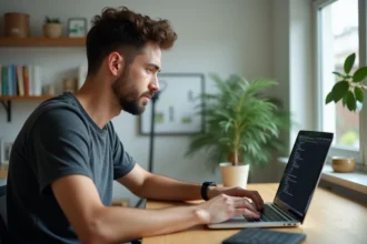 Jeune développeur homme travaillant sur un laptop dans un bureau lumineux