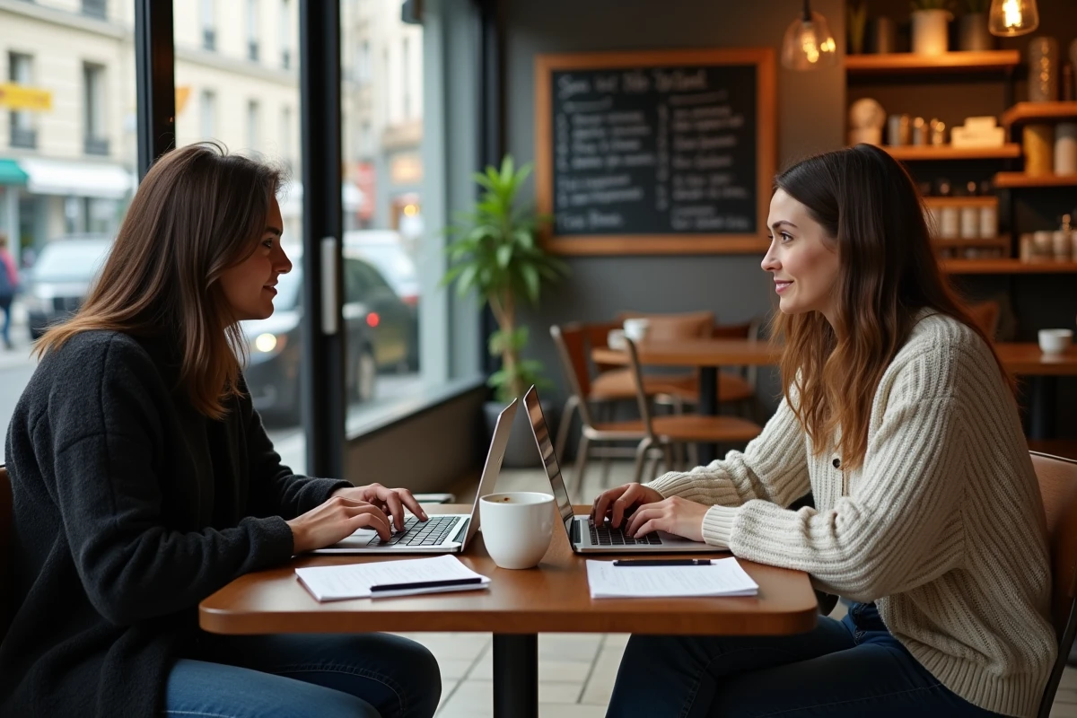 Deux personnes discutant de l'influence et des biais d'un blog photo autour d'un café dans un café parisien avec ordinateurs portables et carnets