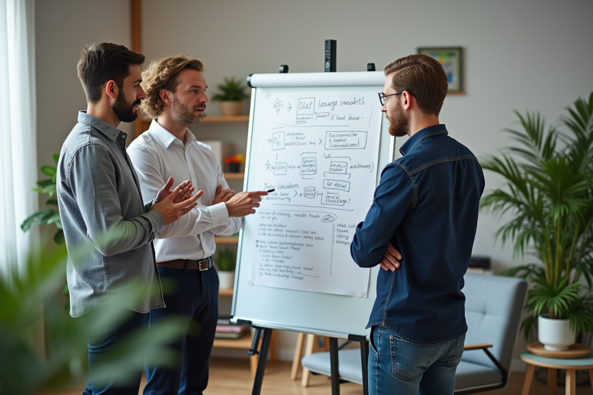 Groupe de jeunes professionnels discutant des modèles linguistiques