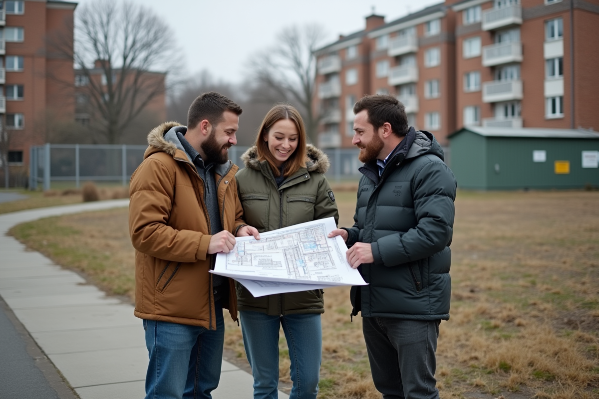 Groupe de trois personnes discutant plan d