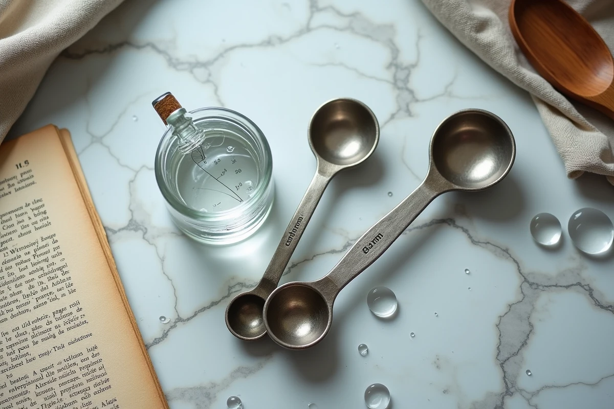 Cuillères doseuses vintage et verre doseur indiquant 80 ml posés sur du marbre, illustrant la conversion de mesures liquides en cuisine