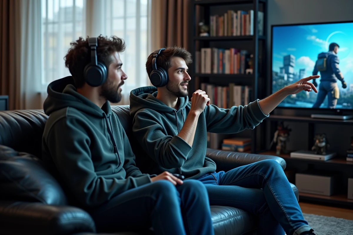 Deux amis adultes jouant ensemble à un jeu de guerre réaliste en co-op sur PC dans un salon moderne