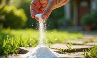 Main saupoudrant bicarbonate sur mauvaises herbes entre pavés