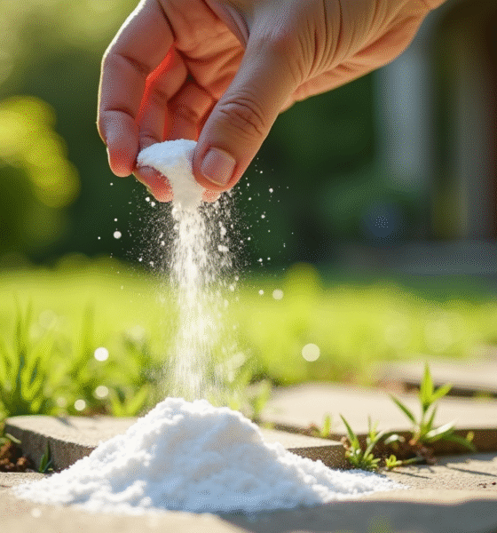 Main saupoudrant bicarbonate sur mauvaises herbes entre pavés