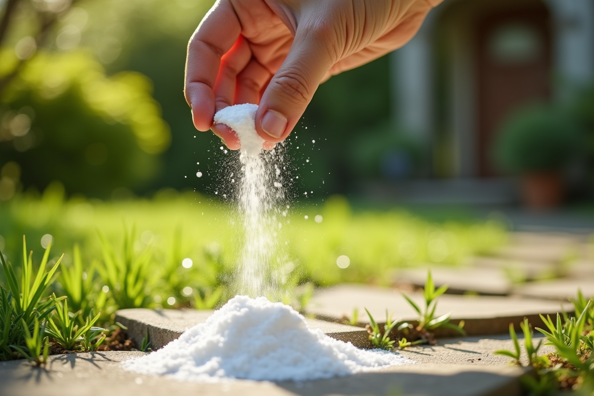 Main saupoudrant bicarbonate sur mauvaises herbes entre pavés