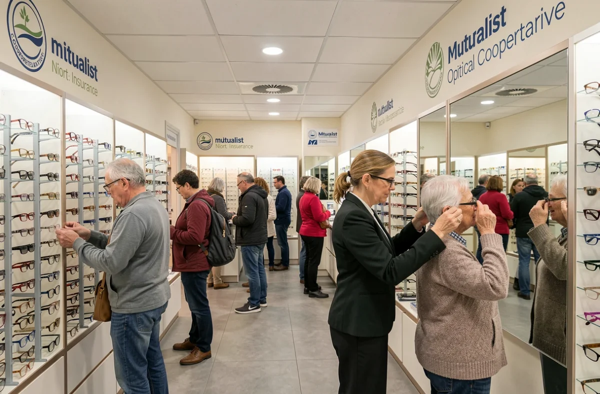 Intérieur de l'Écouter Voir Optique Mutualiste à Niort avec des clients et une opticienne dans un cadre coopératif