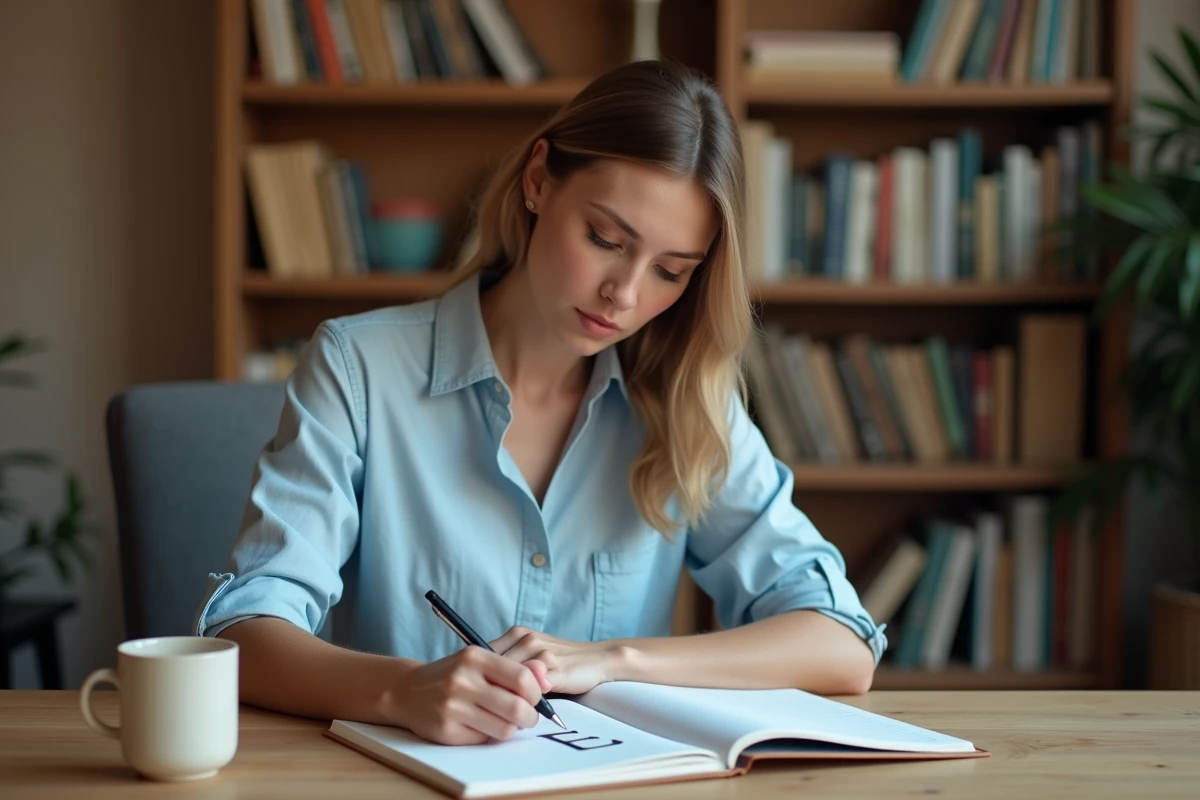 Femme écrivant la lettre capitale E en cursive dans un carnet sur un bureau en bois, atmosphère studieuse et calme