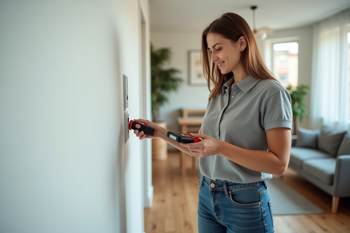 Jeune femme vérifiant des prises électriques dans un salon rénové
