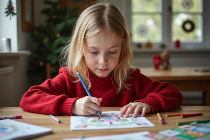 Fille de sept ans coloriant un dessin de Noël à la maison