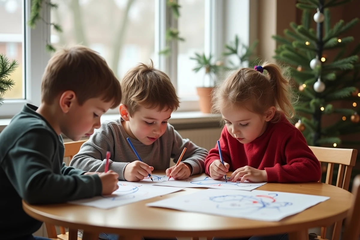 Trois enfants dessinant des motifs de Noël en famille