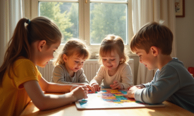 Jeunes enfants jouant à un jeu coloré sur une table en bois