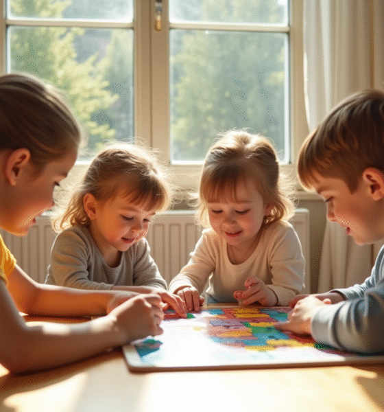 Jeunes enfants jouant à un jeu coloré sur une table en bois